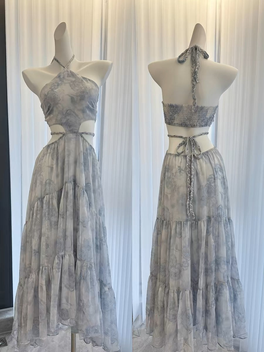 Sexy A line Halter Sleeveless Holiday Dresses Blue Floral Beach Dress Birthday Outfits SD277