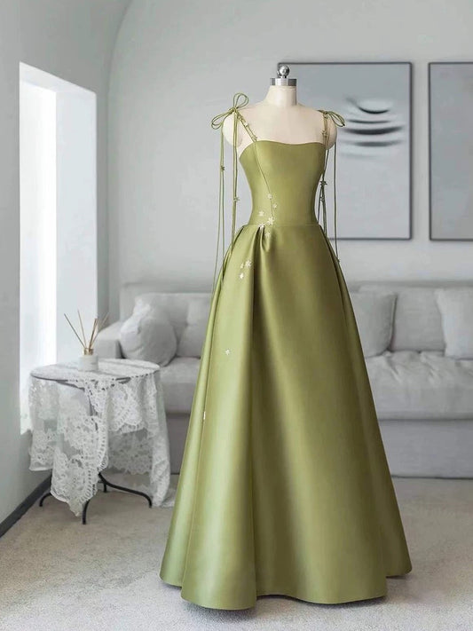 Pretty Ball Gown Straps Sage Green Satin Long Length Evening Dress Prom Dresses SD2781