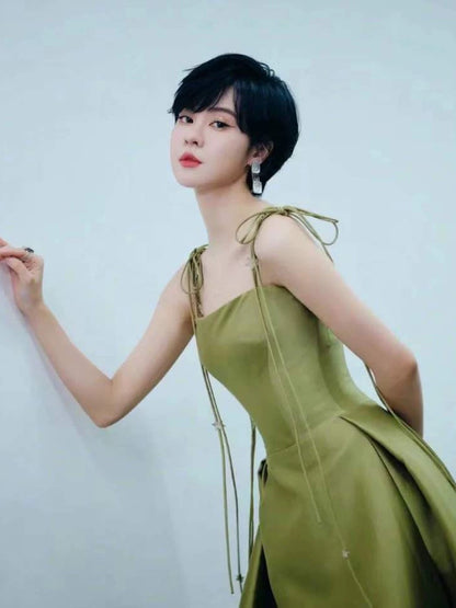 Pretty Ball Gown Straps Sage Green Satin Long Length Evening Dress Prom Dresses SD2781