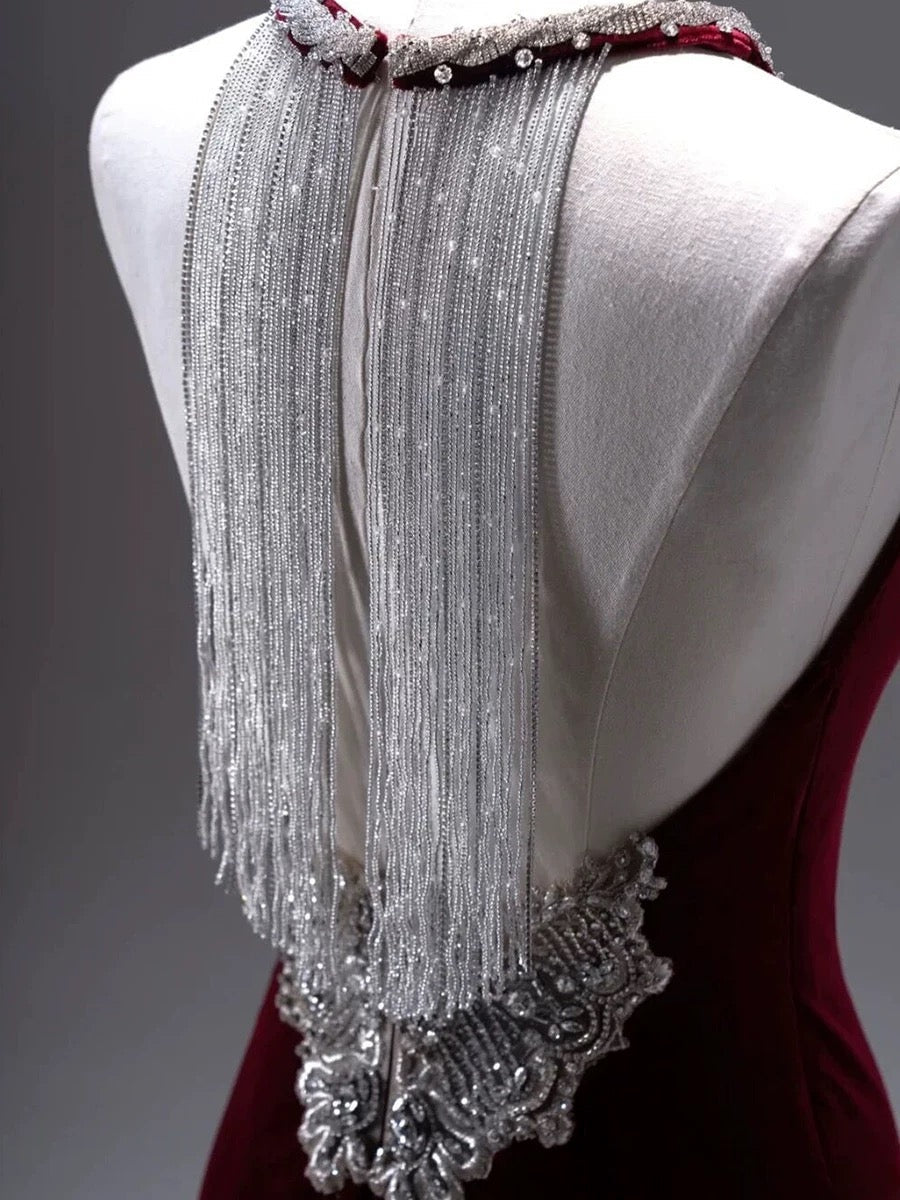 Pretty Mermaid Burgundy Velvet Long Backless Evening Dress Prom Dresses SD2786