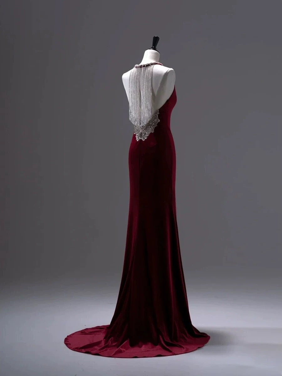 Pretty Mermaid Burgundy Velvet Long Backless Evening Dress Prom Dresses SD2786