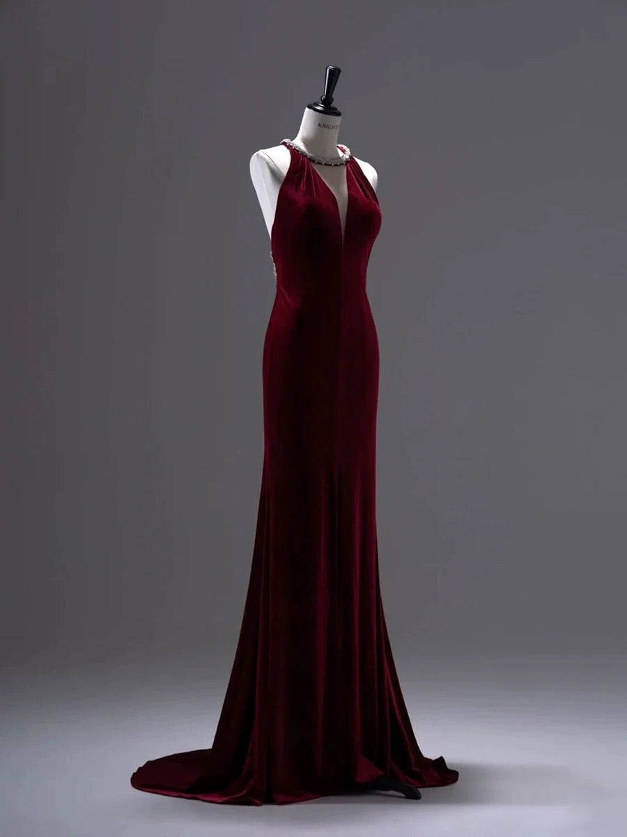 Pretty Mermaid Burgundy Velvet Long Backless Evening Dress Prom Dresses SD2786