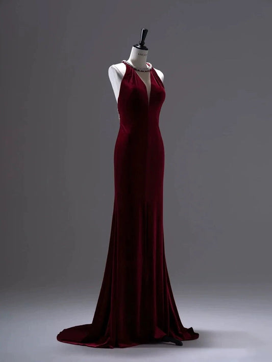 Pretty Mermaid Burgundy Velvet Long Backless Evening Dress Prom Dresses SD2786