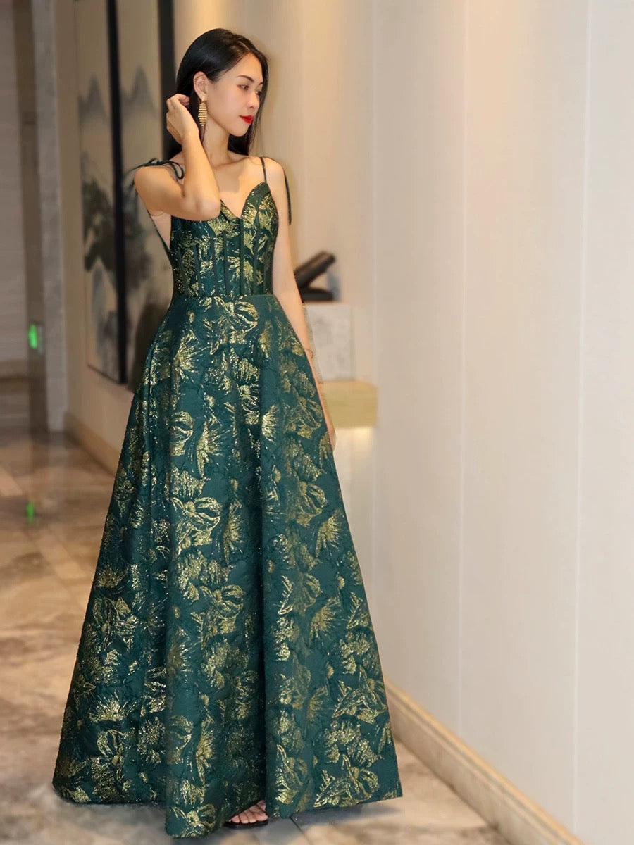 Pretty Ball Gown Spaghetti Straps Satin Green Long Length Evening Dress Prom Dresses SD2787
