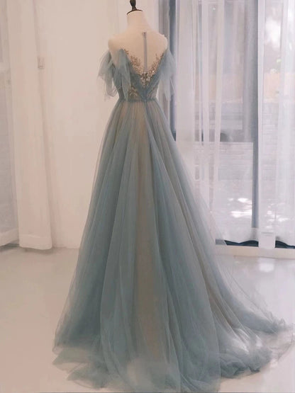 Pretty A Line Off The Shoulder Blue Tulle Long Length Evening Dress Prom Dresses SD2790