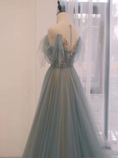 Pretty A Line Off The Shoulder Blue Tulle Long Length Evening Dress Prom Dresses SD2790
