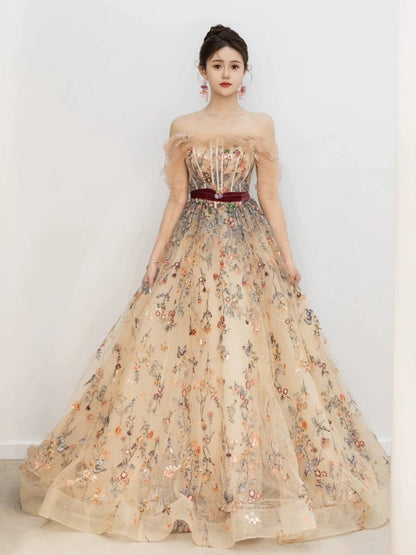 Pretty A Line Off The Shoulder Long Sleeves Floral Tulle Long Length Evening Dress Prom Dresses SD2792