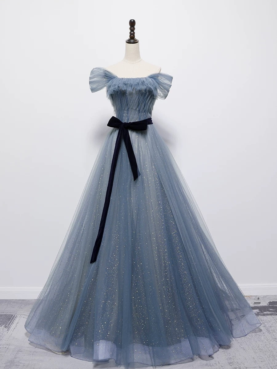 Vintage Ball Gown Off The Shoulder Blue Tulle Long Prom Gown Fairy Prom Dresses SD2798