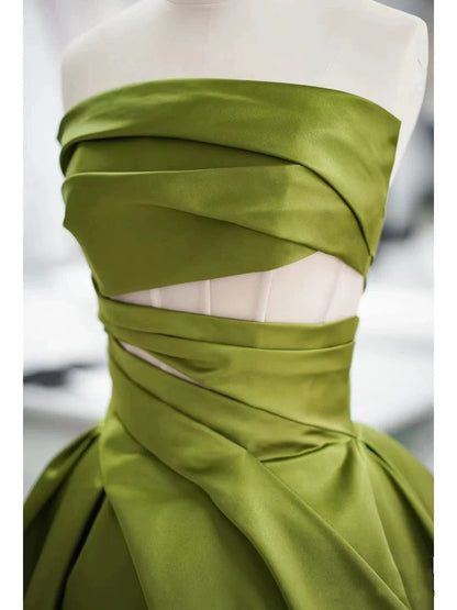 Gorgeous Balll Gown Strapless Green Satin Ruffles Long Evening Dress Prom Dresses SD2803