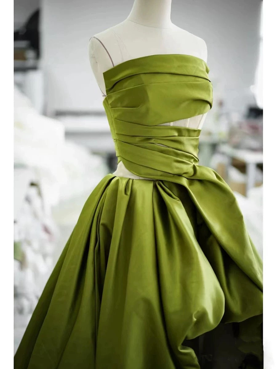 Gorgeous Balll Gown Strapless Green Satin Ruffles Long Evening Dress Prom Dresses SD2803