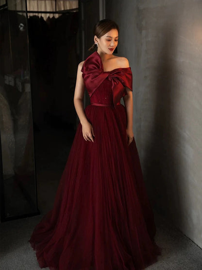 Vintage Ball Gown Strapless Burgundy Tulle Long Prom Gown Fairy Prom Dresses SD2808