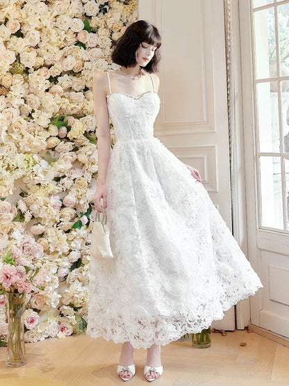 Pretty A Line Spaghetti Straps White Lace Long Length Evening Dress Prom Dresses SD2810