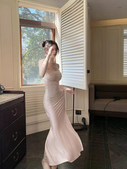 Modest Mermaid Spaghetti Straps Pink Ankle Length Evening Dress Prom Dresses SD2811