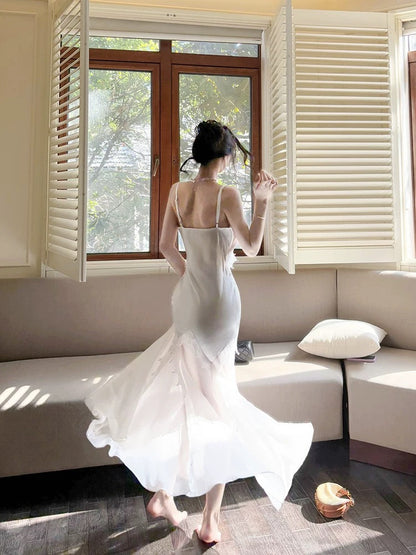 Modest Mermaid Spaghetti Straps White Long Evening Dress Prom Dresses SD2813