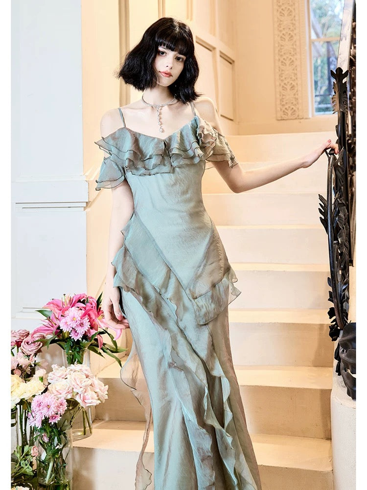 Modest Mermaid Spaghetti Straps Ruffles Long Evening Dress Prom Dresses SD2814