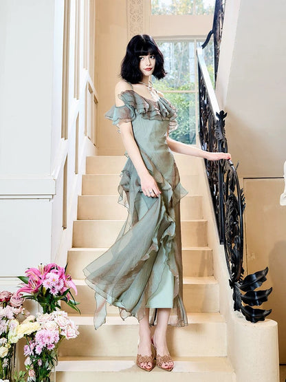 Modest Mermaid Spaghetti Straps Ruffles Long Evening Dress Prom Dresses SD2814