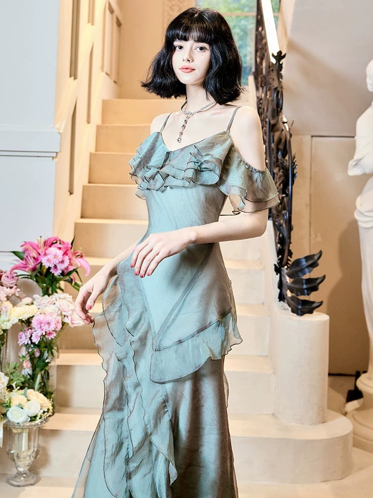 Modest Mermaid Spaghetti Straps Ruffles Long Evening Dress Prom Dresses SD2814