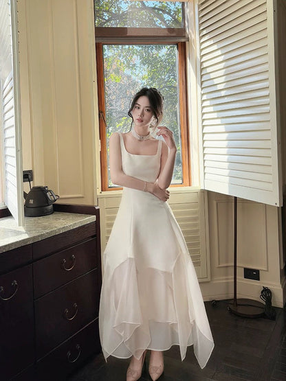 Pretty A Line Square Neckline White Ankle Length Evening Dress Prom Dresses SD2815