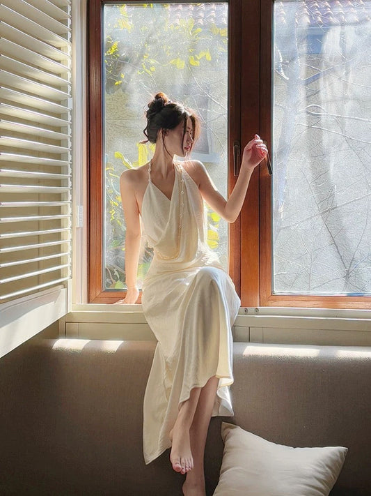 Modest Mermaid Halter Ruffles Long Evening Dress White Prom Dresses SD2816