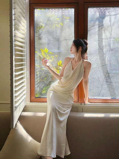 Modest Mermaid Halter Ruffles Long Evening Dress White Prom Dresses SD2816