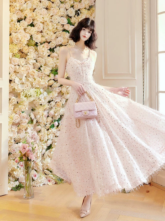 Pretty A Line Spaghetti Straps Pink Ankle Length Evening Dress Prom Dresses SD2817