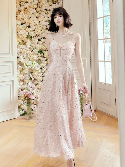 Pretty A Line Spaghetti Straps Pink Ankle Length Evening Dress Prom Dresses SD2817