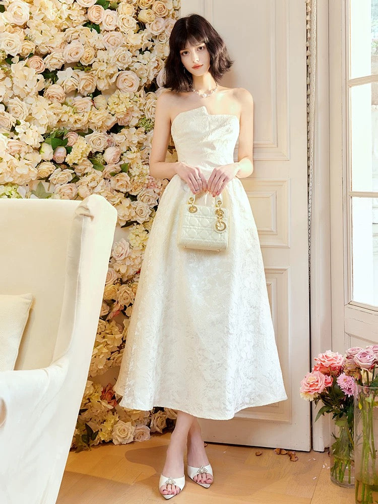 Pretty A Line Strapless Neckline White Ankle Length Evening Dress Prom Dresses SD2818