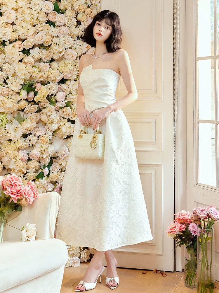 Pretty A Line Strapless Neckline White Ankle Length Evening Dress Prom Dresses SD2818