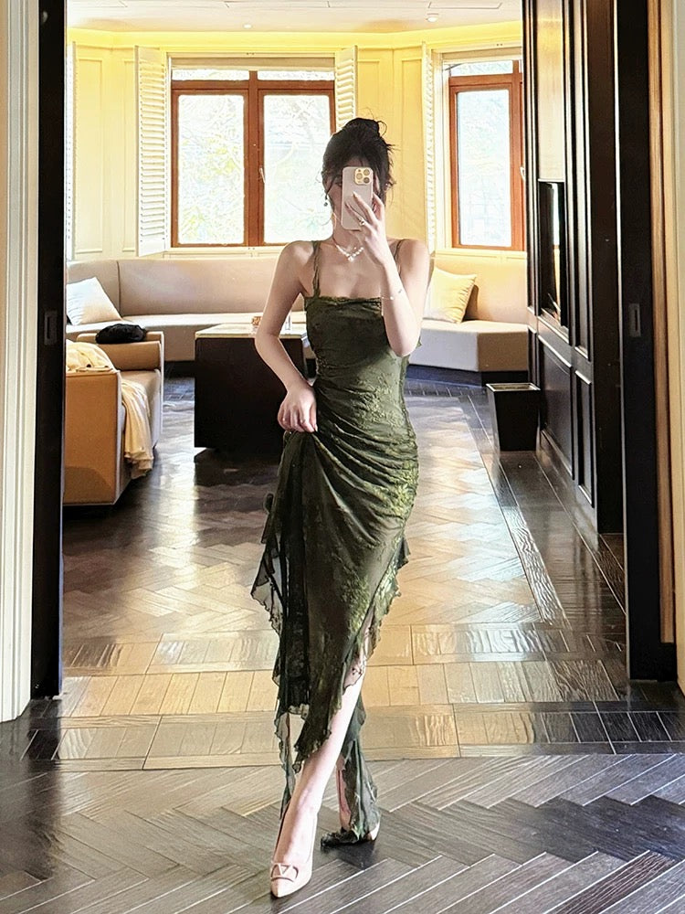 Sexy Sheath Spaghetti Straps Green Ruffles Long Evening Dress Lace Prom Dresses SD2819