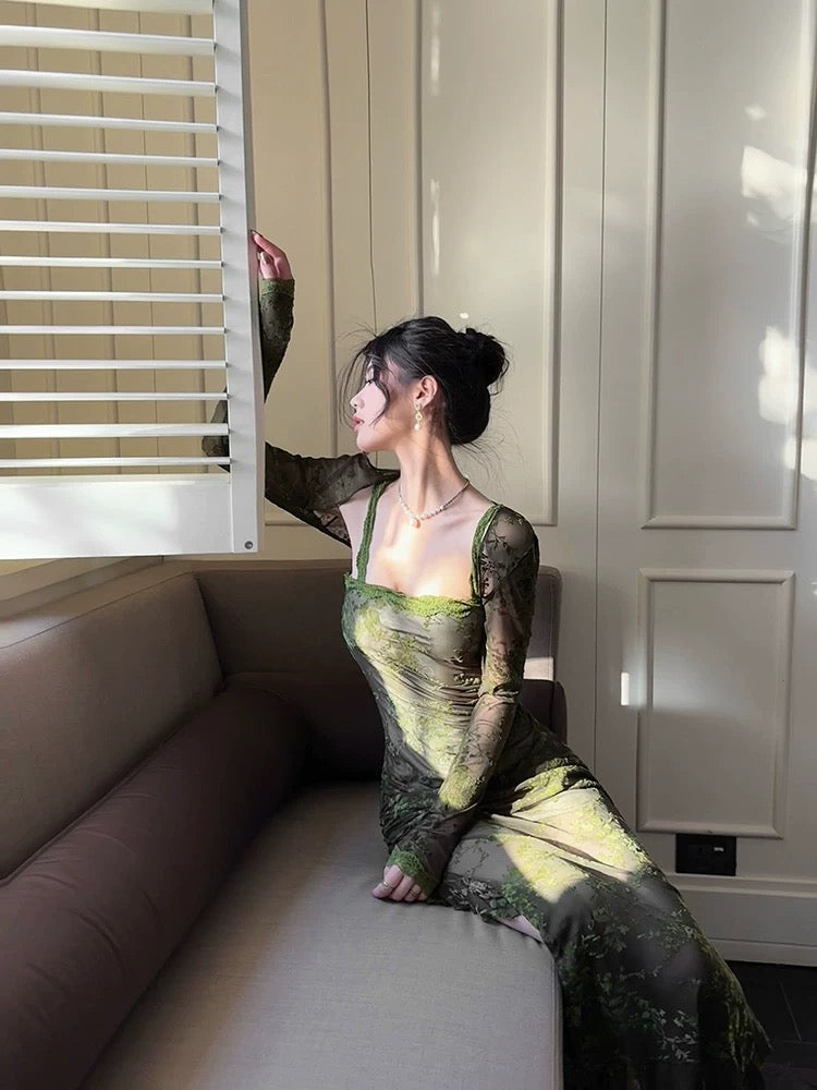 Sexy Sheath Spaghetti Straps Green Ruffles Long Evening Dress Lace Prom Dresses SD2819