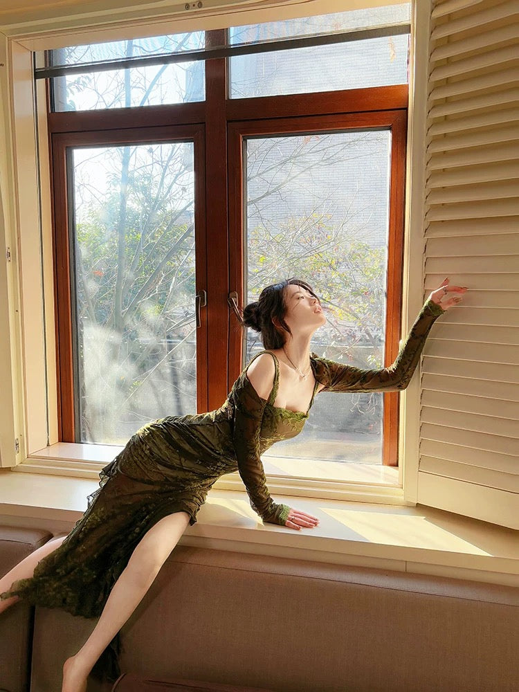 Sexy Sheath Spaghetti Straps Green Ruffles Long Evening Dress Lace Prom Dresses SD2819