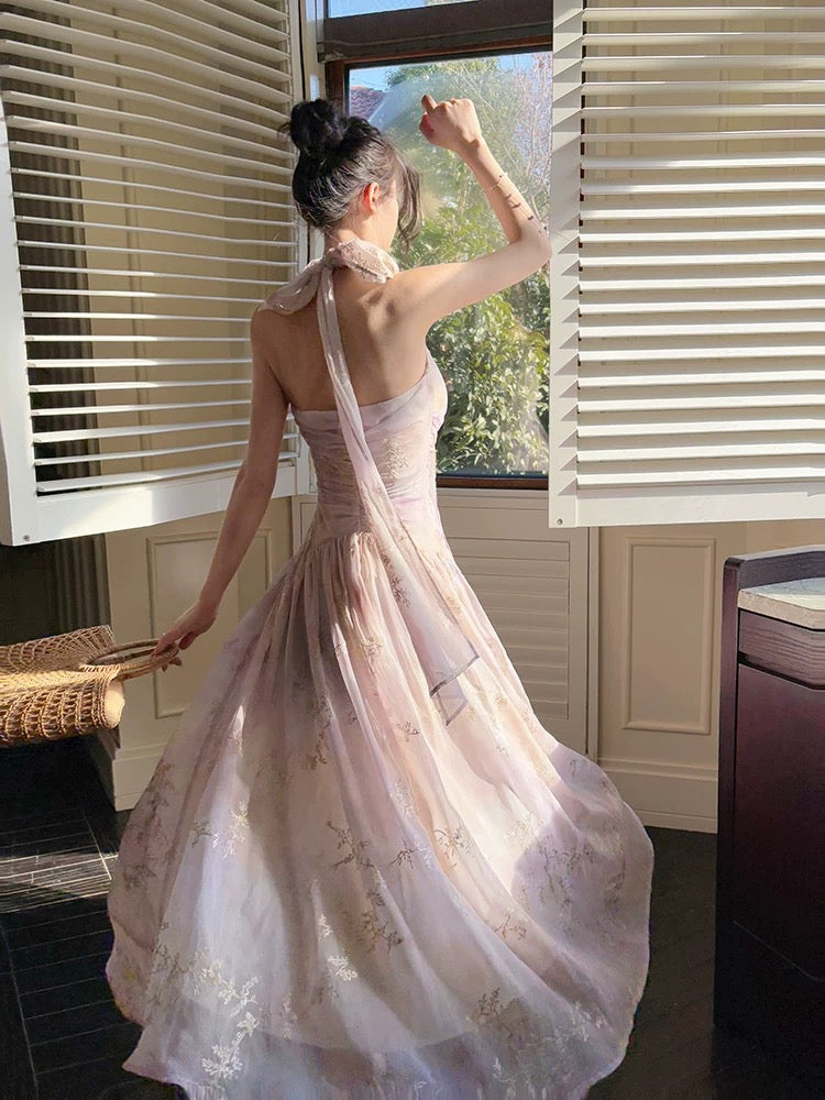 Pretty A Line Halter Pink Chiffon Floral Ankle Length Evening Dress Prom Dresses SD2821