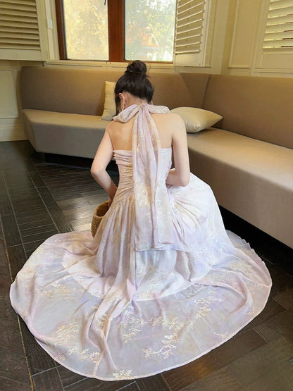 Pretty A Line Halter Pink Chiffon Floral Ankle Length Evening Dress Prom Dresses SD2821