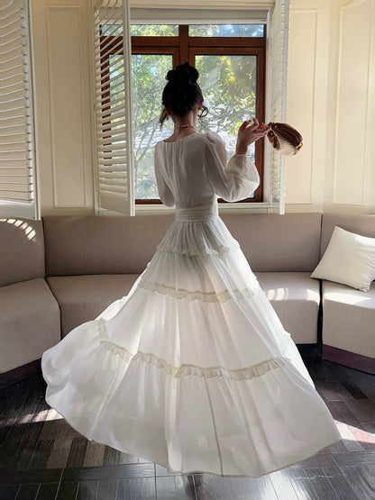 Pretty A Line V Neckline Long Sleeves Chiffon White Ankle Length Evening Dress Prom Dresses SD2825