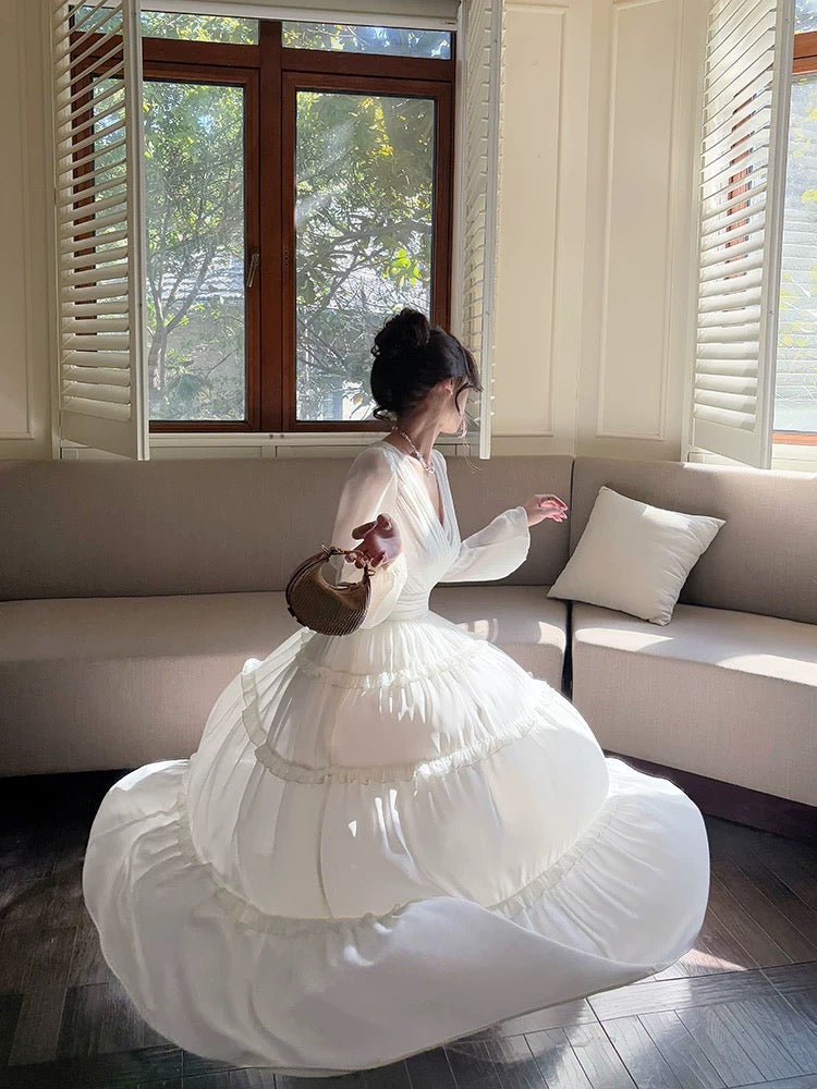 Pretty A Line V Neckline Long Sleeves Chiffon White Ankle Length Evening Dress Prom Dresses SD2825