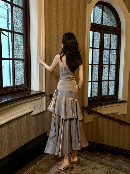 Retro Mermaid Spaghetti Straps Gray Long Length Evening Dress Prom Dresses SD2827