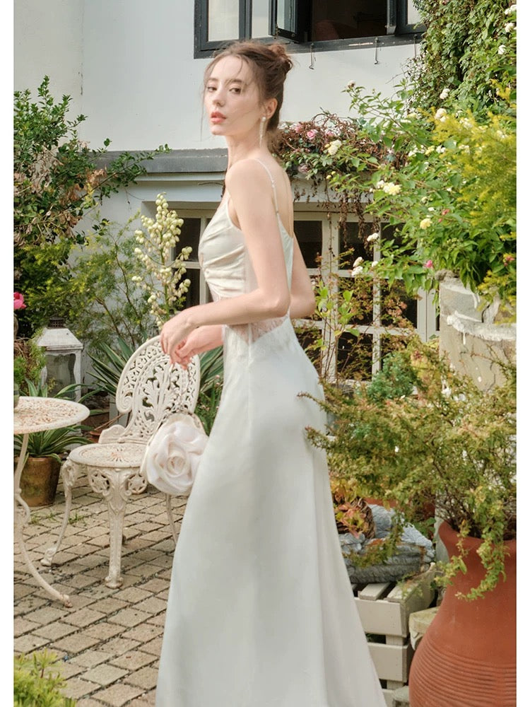 Retro Mermaid Spaghetti Straps White Long Length Evening Dress Prom Dresses SD2828