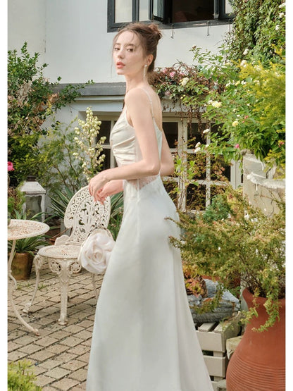 Retro Mermaid Spaghetti Straps White Long Length Evening Dress Prom Dresses SD2828