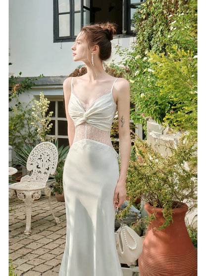 Retro Mermaid Spaghetti Straps White Long Length Evening Dress Prom Dresses SD2828