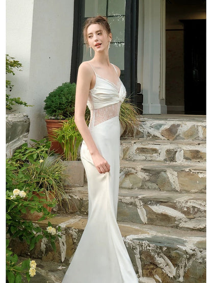 Retro Mermaid Spaghetti Straps White Long Length Evening Dress Prom Dresses SD2828