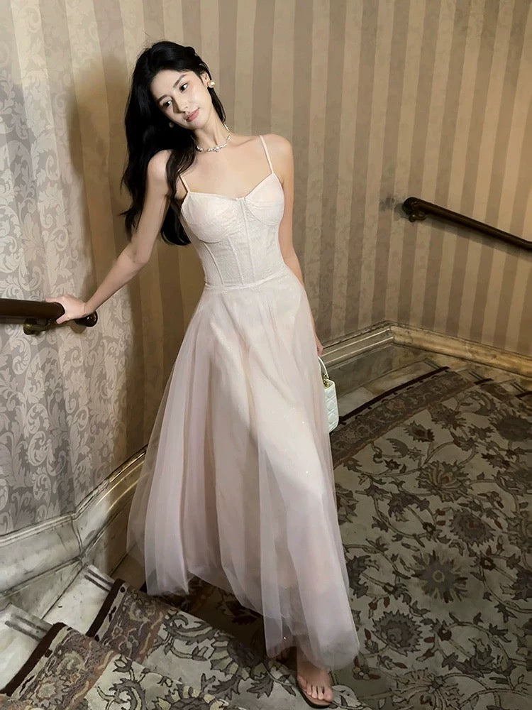 Pretty A Line Spaghetti Straps Tulle Pink Ankle Length Evening Dress Prom Dresses SD2835