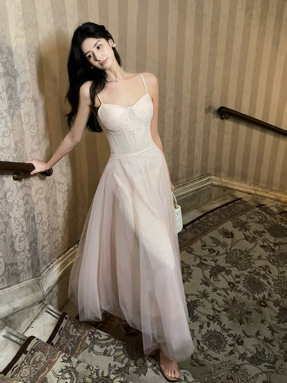 Pretty A Line Spaghetti Straps Tulle Pink Ankle Length Evening Dress Prom Dresses SD2835