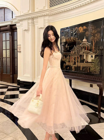 Pretty A Line Spaghetti Straps Tulle Pink Ankle Length Evening Dress Prom Dresses SD2835