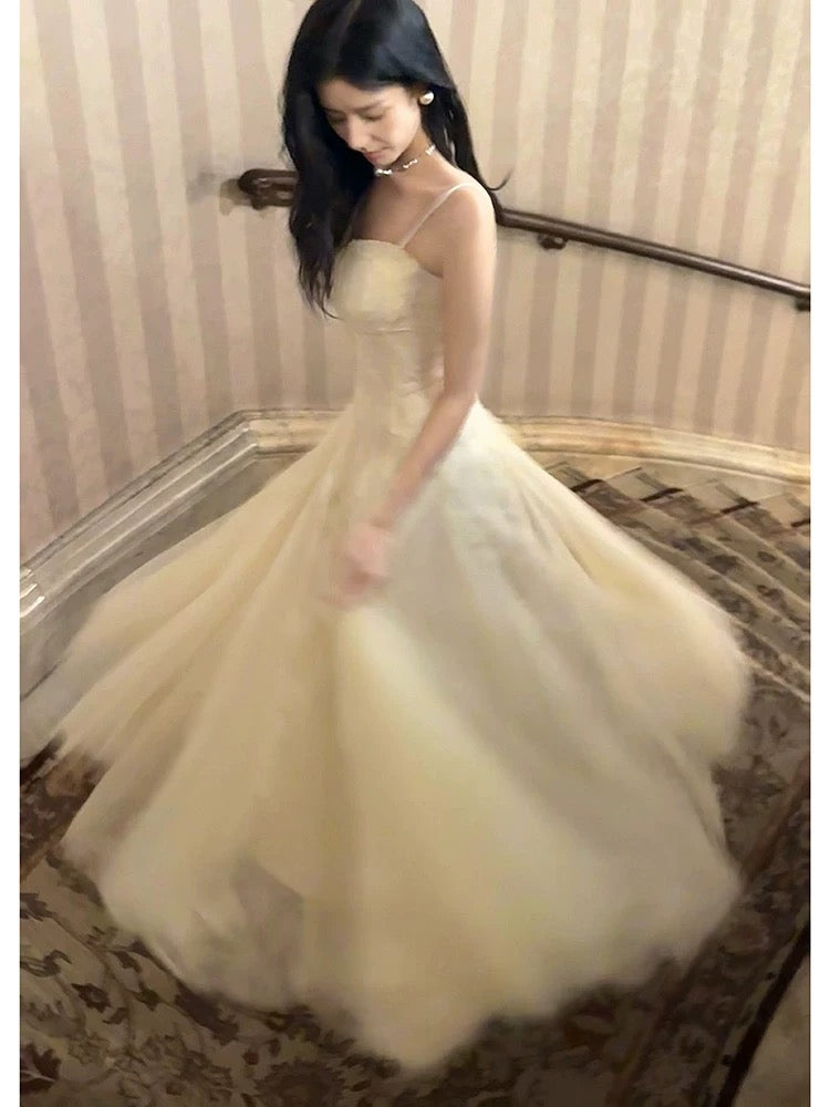 Pretty A Line Spaghetti Straps Tulle Chamapgne Ankle Length Evening Dress Prom Dresses SD2837