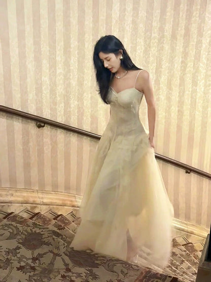 Pretty A Line Spaghetti Straps Tulle Chamapgne Ankle Length Evening Dress Prom Dresses SD2837