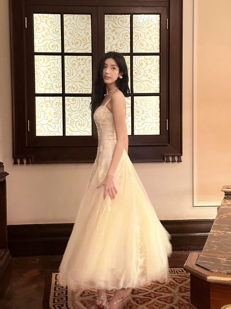 Pretty A Line Spaghetti Straps Tulle Chamapgne Ankle Length Evening Dress Prom Dresses SD2837