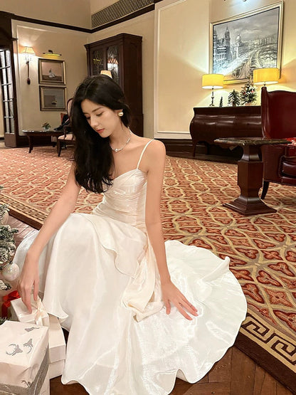 Retro Mermaid Spaghetti Straps Long Length White Evening Dress Prom Dresses SD2840