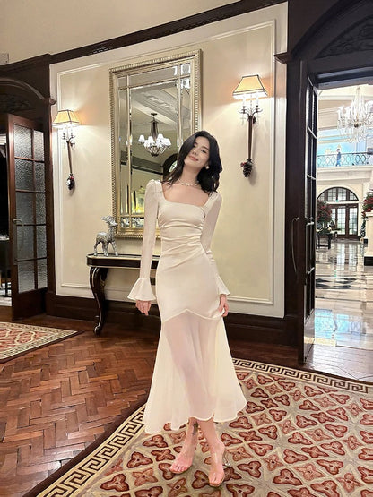 Pretty Mermaid Squere Neckline Satin Ankle Length Evening Dress Prom Dresses SD2841