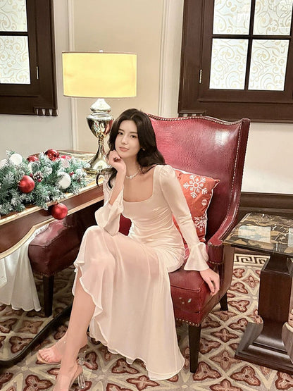 Pretty Mermaid Squere Neckline Satin Ankle Length Evening Dress Prom Dresses SD2841