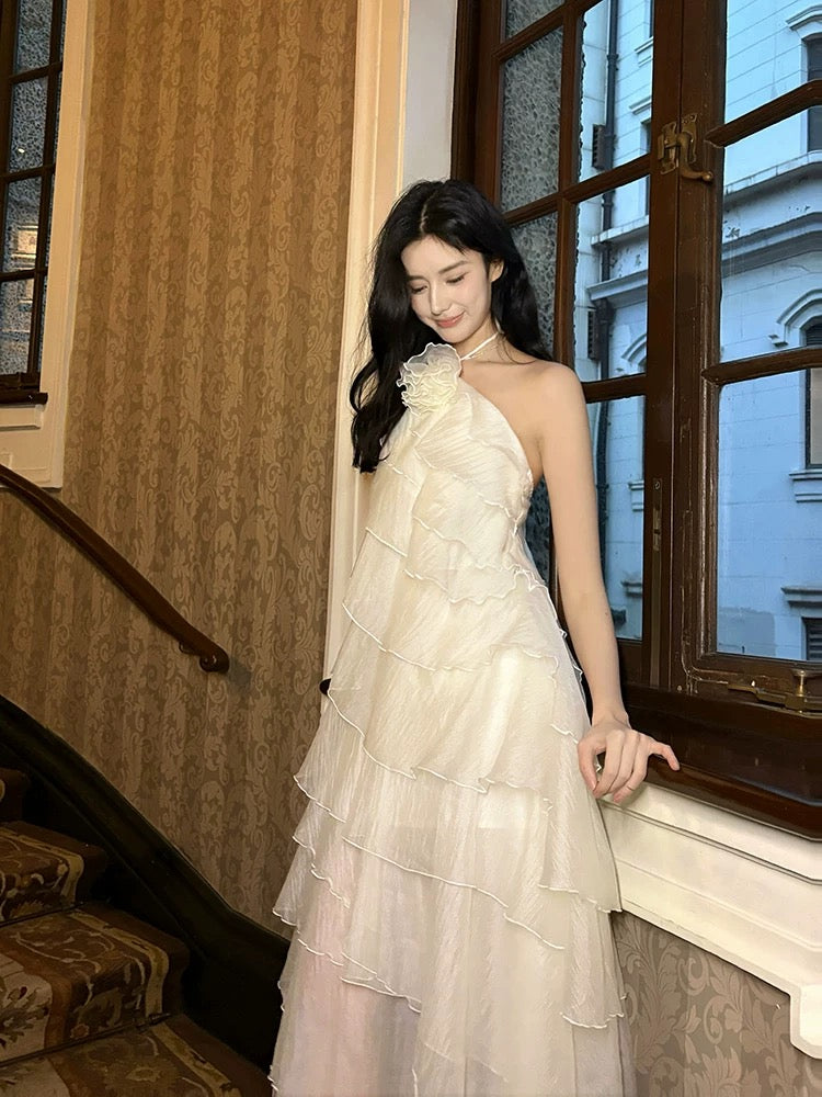 Sexy A Line Halter Neckline Chiffon Ruffles Evening Dress Prom Dresses SD2843